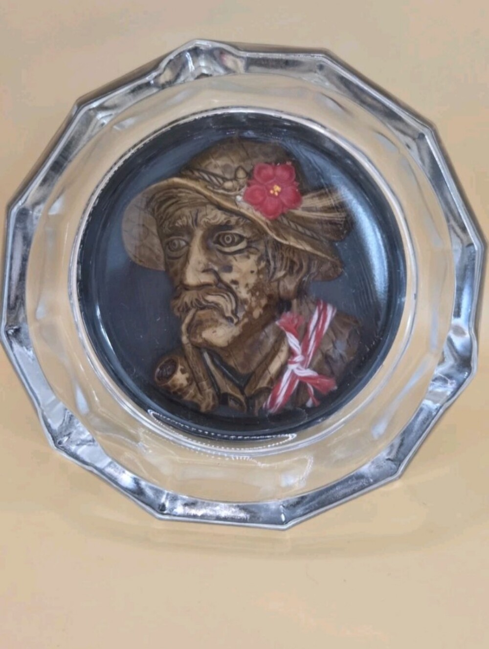 Vintage German Folk Art Glass Ashtray Old Man Smoking A Pipe